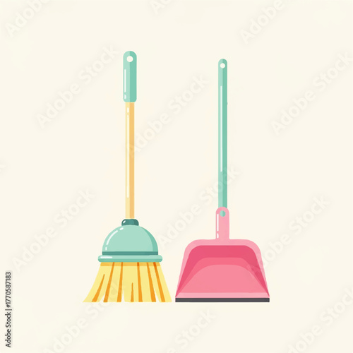 Cleaning Tools Broom and Dustpan Illustration - Perfect for Home Maintenance and Spring Cleaning