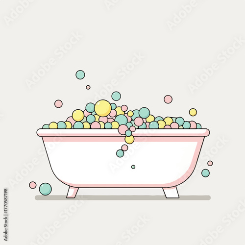 A charming flat line vector illustration of a vintage clawfoot bathtub overflowing with colorful, cheerful soap bubbles and foam