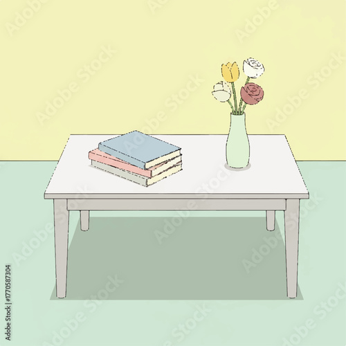 A clean and simple vector illustration of a quiet study or living room corner with a stack of books and a bouquet of flowers in a vase on a table