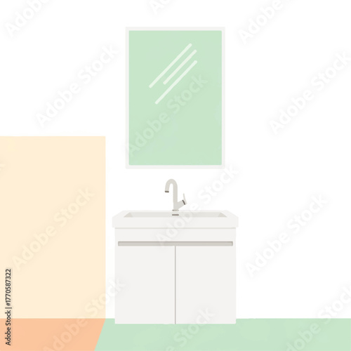 Modern minimalist bathroom interior vector illustration. Clean design aesthetic white vanity, sleek sink, faucet, rectangular mirror