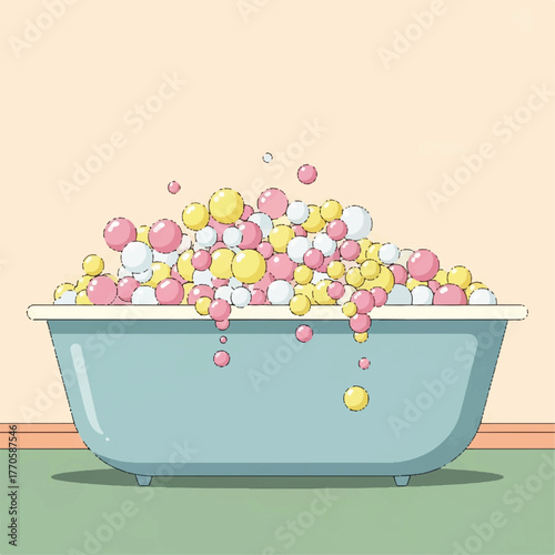 Whimsical vector illustration of a retro bathtub overflowing with a playful mound of colorful pink and yellow bubble bath foam