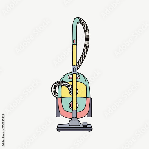 Vibrant and cheerful cartoon illustration of an upright vacuum cleaner, depicting modern household cleaning appliances and domestic chores with a playful, hand-drawn vector style graphic