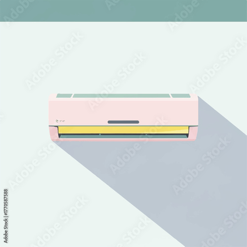Modern home air conditioning unit with clean design, soft pink casing, and yellow vents, representing climate control and comfort