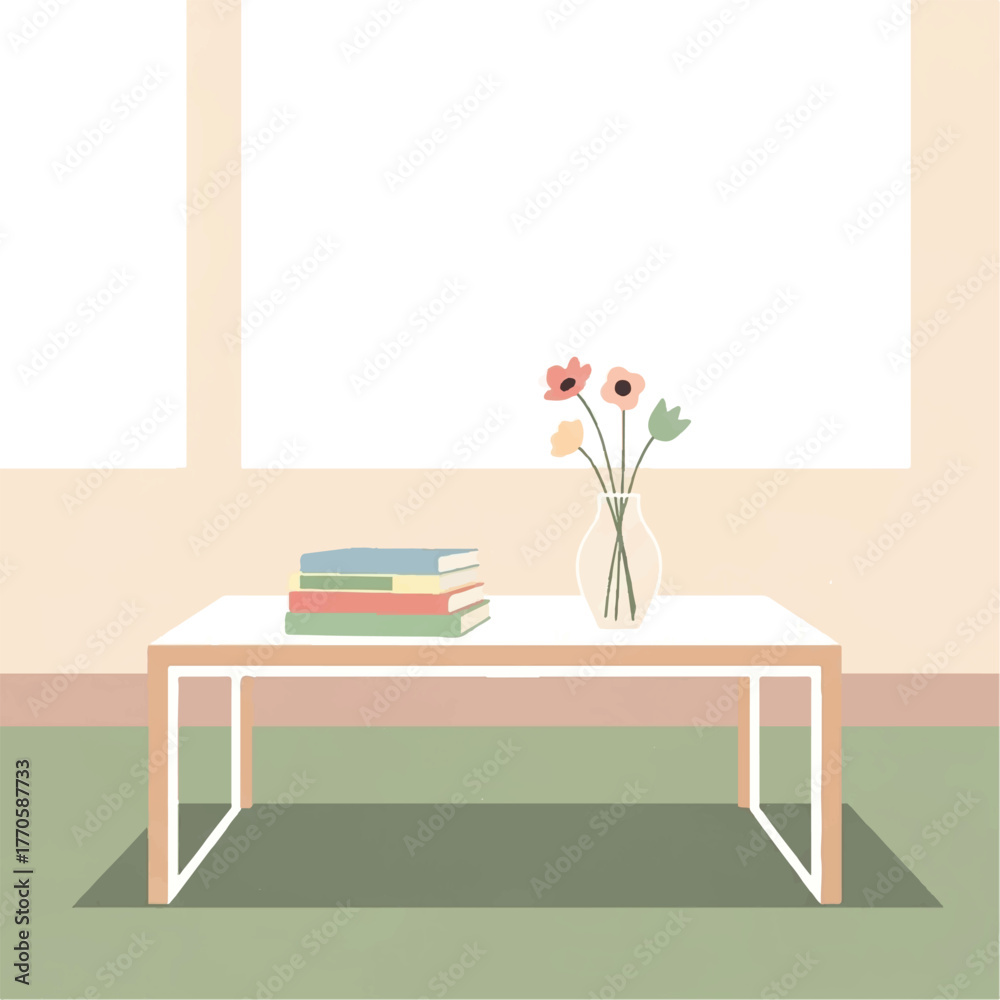Fototapeta premium A minimalist living room with a coffee table, books, and a vase of flowers for a calm atmosphere
