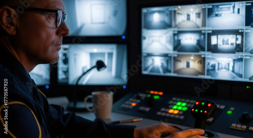 Man security guard or correction officer monitoring multiple CCTV surveillance camera feeds at a control room. Modern crime prevention technology.