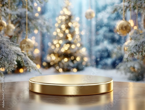 gold podium christmas design. Festive scene with golden display, Christmas tree, and blurred lights.
