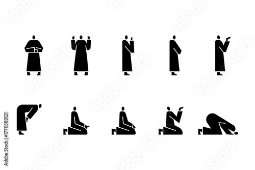 Muslim praying icon set. Muslim pray illustration set.