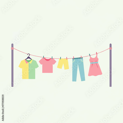 Colorful clothes hanging on a clothesline under the open sky, ready to be dried by the sun and wind, suggesting a clean and fresh laundry day experience