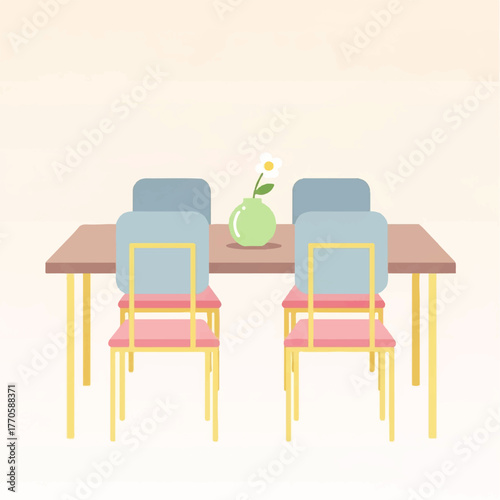 A Minimalist Illustration of a Dining Table with Chairs and a Vase, Perfect for Design