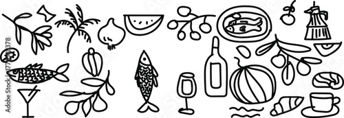 Hand drawn italian greek vacation doodles in grunge chalk style Rough, hand-drawn chalk or charcoal illustrations depicting vacation themes an Italian or Greek aesthetic. Features a grunge, doodle