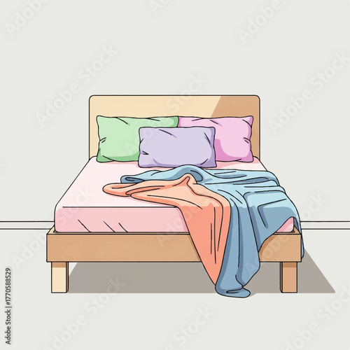 Cozy and Clean Bedroom Interior Vector Illustration Featuring a Modern Bed with Soft Pillows and Draped Blankets in Muted Tones, Ideal for Home Decor and Comfort Concepts