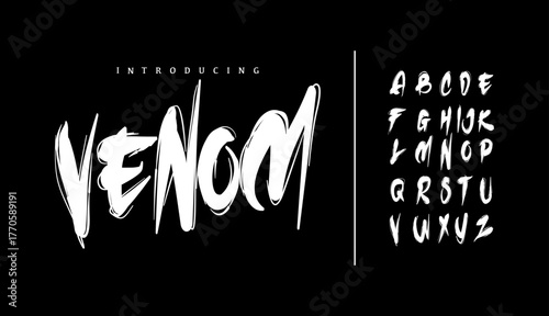venom font alphabet design, suitable for technology, poster, headline, logotype and creative design. Vector Illustration. Brust style with rough and grunge