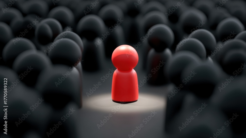 Fototapeta premium Red figure standing out among many dark silhouettes representing individuality, uniqueness, and diversity in a crowded environment