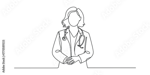 Elegant continuous line drawing of a doctor with stethoscope and lab coat vector
