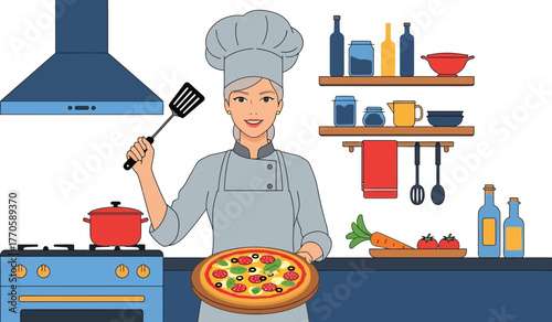 Smiling female chef holding a freshly baked pizza in a cozy kitchen