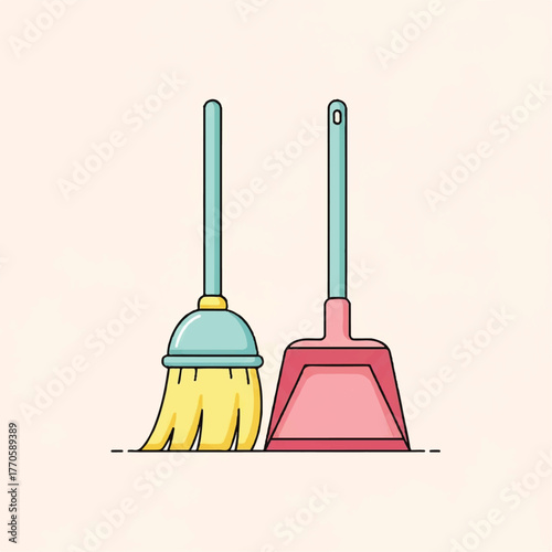 A simple line art vector illustration of a broom and dustpan, an essential household tool set for tidying up and cleaning