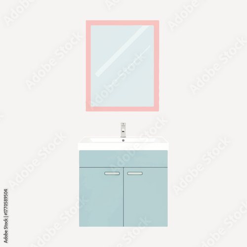 Minimalist vector illustration of a bathroom vanity with a blue cabinet, white sink, and a pink framed mirror on a clean background