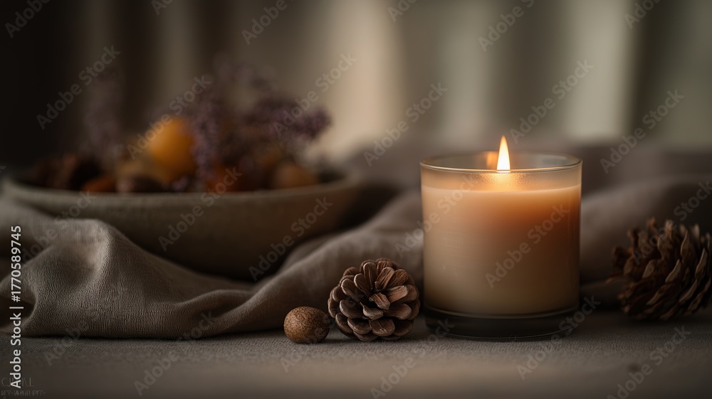Obraz premium A cozy autumn still life with a single beeswax candle burning, ceramic bowl beside a pinecone and a plate of seasonal fruit on a rustic fabric surface