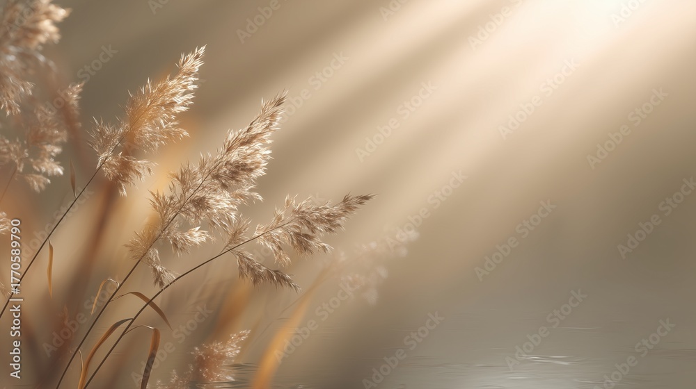 Obraz premium Sunlight streams through the reeds bathed in a soft golden glow ethereal tranquil scene with the sun shining