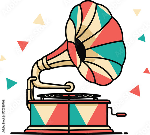Vintage gramophone with colorful geometric pattern playing music