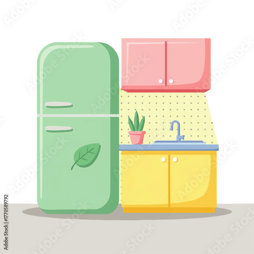 A minimalist kitchen corner flat vector illustration featuring a pastel green refrigerator with a leaf symbol, sink, and colorful cabinets