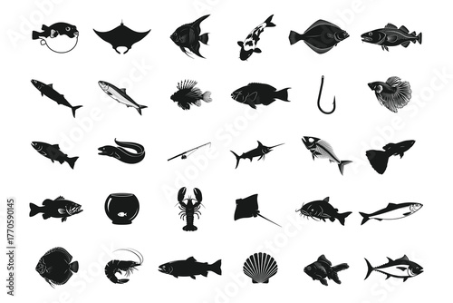 Collection of diverse marine life and sea creatures in a stylized black ink silhouette style