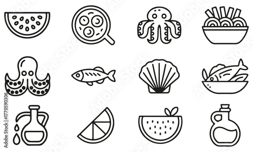 Seafood and Mediterranean Cuisine Outline Icons Linear Vector Set of Paella, Octopus, and Fish