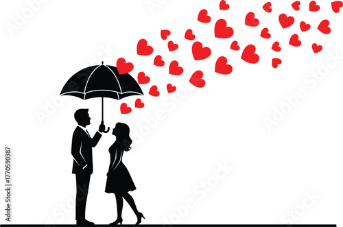 Couple under umbrella protected from falling hearts, symbolizing love and romance.