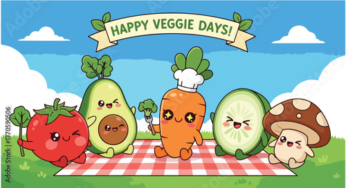 Cute kawaii vegetables having a picnic under a blue sky