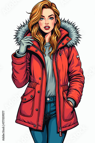 Stylish woman wearing a bright red snow parka with fur hood and winter accessories