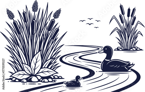 Serene duck family glides along a winding river surrounded by lush reeds and aquatic plants.