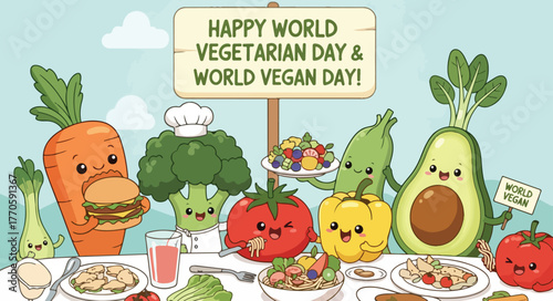 Happy world vegetarian and vegan day celebration with cute vegetables