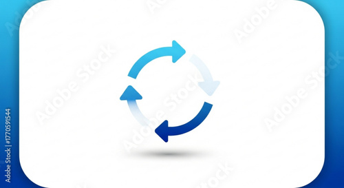 Blue circular arrow icon, symbolizing recycling, rotation, and continuous process in a clean design