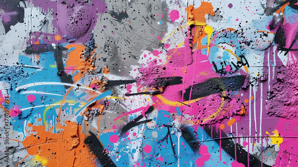Fototapeta premium Graffiti-style doodles and paint splatters on a concrete texture