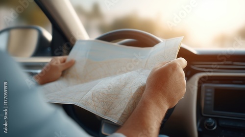 Close-up of Hands Holding a Road Map Inside a Car with a Bright, Sunlit Background, Representing Exploration and Travel Adventure Concept