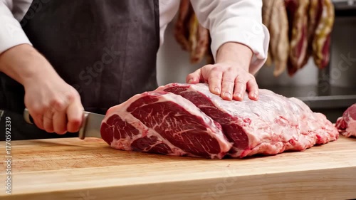 Slicing a Juicy Ribeye Steak on a Wooden Cutting Board