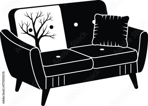 Stylish black and white illustration of a retro sofa with a tree design