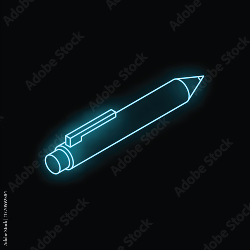 Blue neon sign depicting a simple ballpoint pen, glowing on dark background