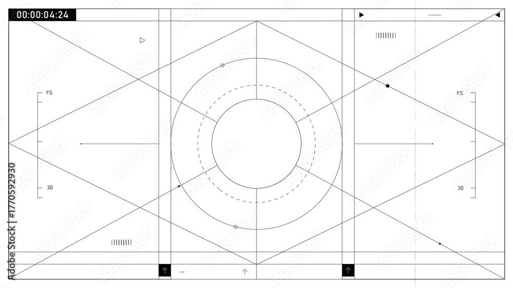 Interface graphique technique en noir et blanc avec formes géométriques et éléments de cadrage vidéo, cercle central et repères de composition évoquant un concept numérique de transition visuelle