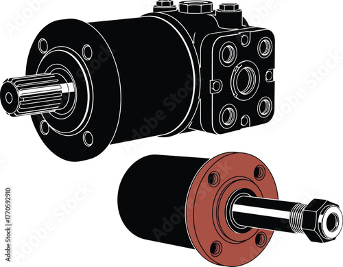 Close-up of two industrial hydraulic components, a motor and a pump, on a white background