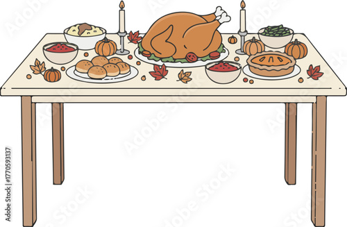 Flat Style Thanksgiving Feast Table Setting with Turkey and Pie