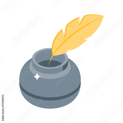 Classic ink bottle with golden quill representing creativity and design.