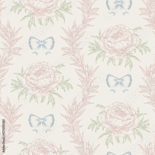 Floral Seamless Pattern Toile De Jouy Vintage Vector repeat delicate pink peony bloom