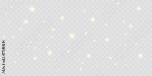 Vector golden dust light effect with shimmering bokeh on a transparent background.Radiant yellow glow with sparkling confetti particles and gentle motion perfect for festive,magical Christmas designs.