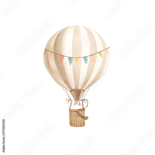 Soft watercolor illustration depicts a vintage hot air balloon featuring beige and white stripes, a wicker basket, and pastel pennant flags.