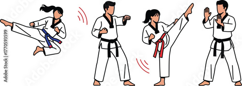 Martial arts practitioners demonstrating dynamic kicks and punches in a training session.