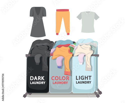 Big wash. Sorting laundry. Dirty laundry sorted by color into baskets. Colored, white and black laundry.