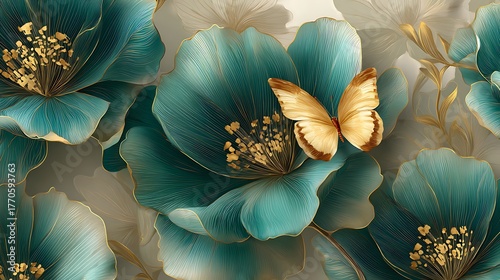 Floral background with butterfly and golden details