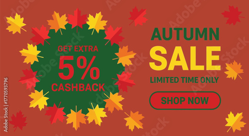 Autumn sale offering 5% cashback with a vibrant leaf border and "Shop Now" button