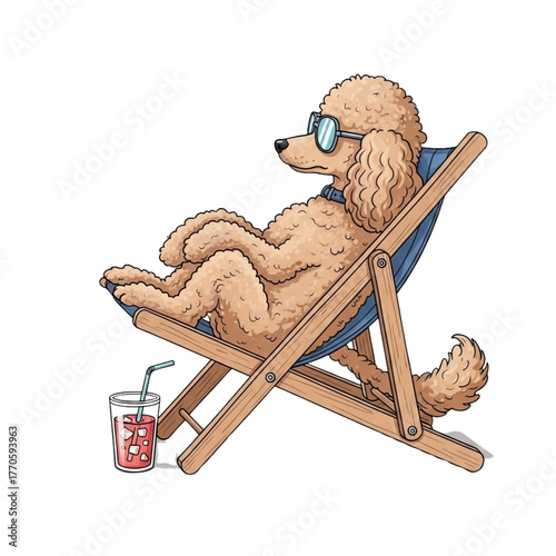  Poodle Sunbathing on Reclined Beach Chair with Cold Drink Beside, Side Angle, isolated on transparent background
